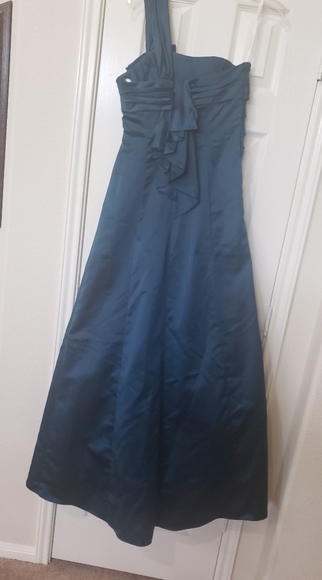 David's Bridal 8 teal satin one shoulder gown 3d ribbon adornments ruched - Picture 8 of 12